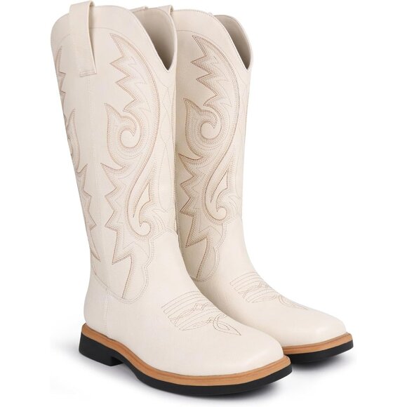 Women's White Embroidered Square Toe Side Zipper Western Mid Calf Dress Boots - Picture 5 of 6